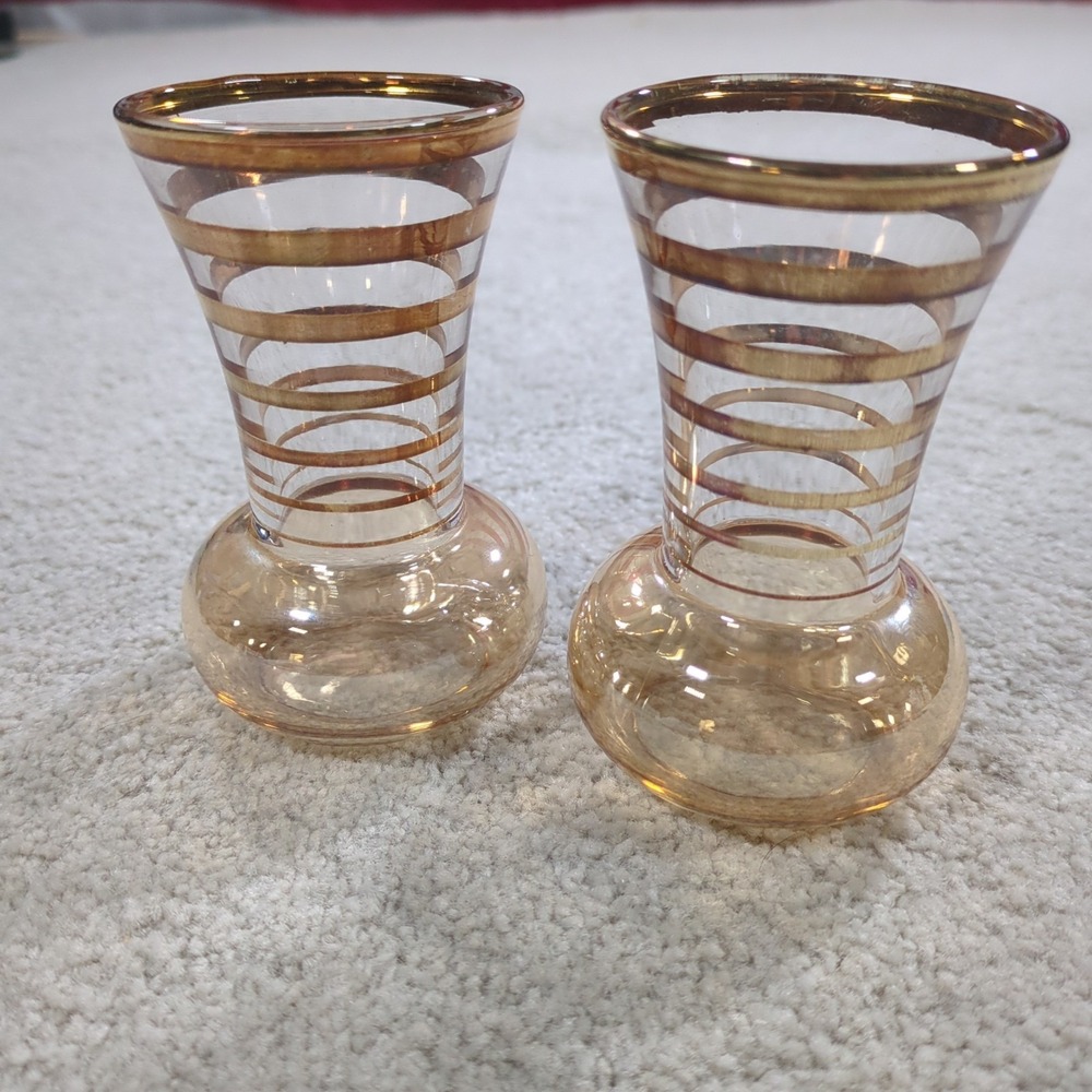 Vintage Amber Glass Bud Vases Gold Stripe MCM Set of 2 Mid Century